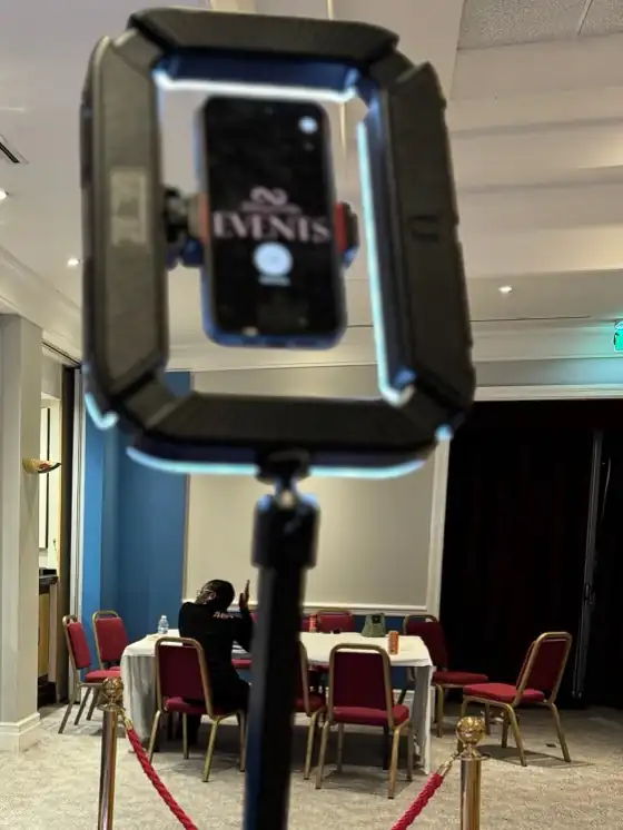 360 video booth camera arm with ring light