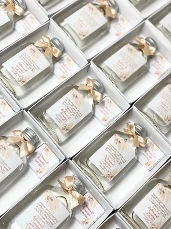 Boxed wedding favours with labels and ribbon